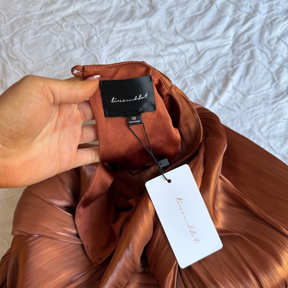 Line and Dot Elegant Orange Silk Ruffle Dress Puff Sleeve - Picture 3 of 6